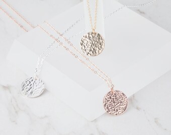 Long Layered hammered karma disc 14k Gold necklace,Hammered disc necklace, Gold Large round tag .Delicate everyday necklace