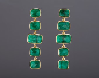Five tier emerald earrings,long emerald earring,square emerald earring,chained emerald earring,birthday gift,mother gift,custom jewelry card