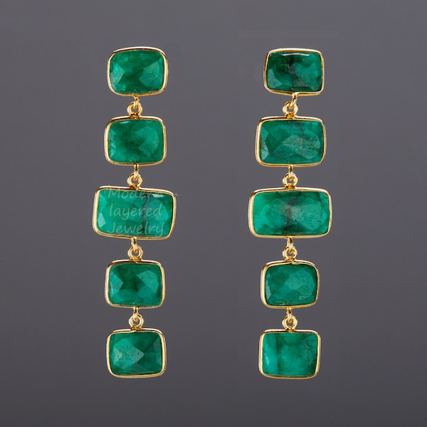 Five tier emerald earrings,long emerald earring,square emerald earring,chained emerald earring,birthday gift,mother gift,custom jewelry card