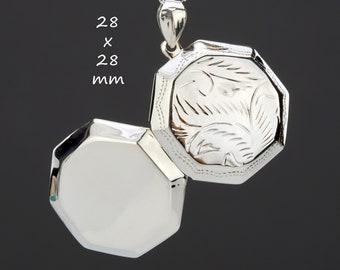 Very Large sterling silver octagon box locket with photo,custom engrave octagon Locket,etched floral design,remembrance locket,keepsake gift