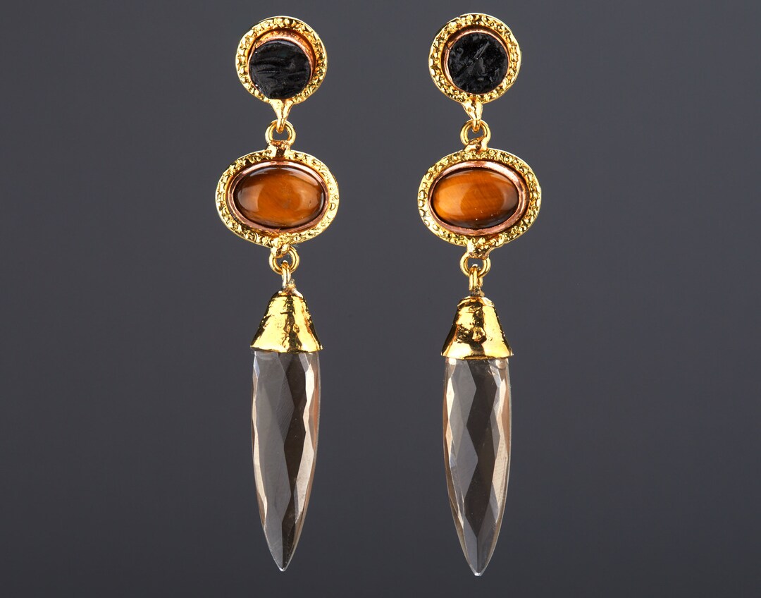 Rod Earring Long 3 Tier Smoky Quartz Earring With Tigerite Button,smoky Quartz Rod ...