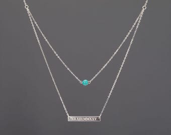 Personalized double layered turquoise engraving Bar necklace,Birthstone choker,GPS bar necklace,Coordinate necklace,Roman numerals bar