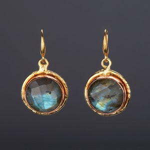 Pendientes de botón de labradorita grande, pendientes de punto de labradorita grueso, pendientes de piedra brillante redonda, regalo de cumpleaños de noviembre, regalo para madre,