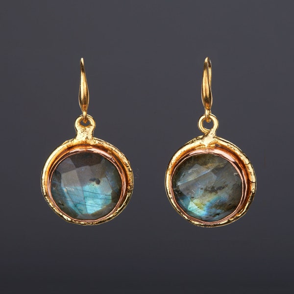 Large labradorite button earrings,thick labradorite dot earrings,round glowing stone earrings,November birthday gift,mother gift,