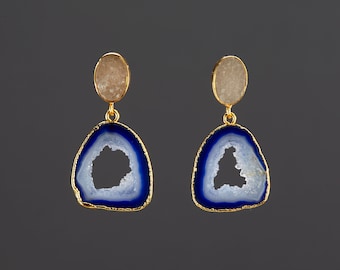 Two tier amethyst geode earring,Framed February stone,deep purple amethyst gemstone,long amethyst dangle earring,anniversary gift