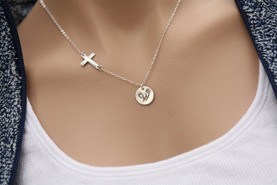 Large Initial Disc,sideways Cross Necklace,monogram Necklace