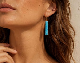 Long bar turquoise earrings,large faceted gemstone earring,long dangle strip earring,December birthday gift,mother gift,custom note card