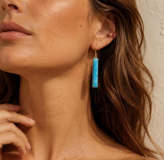 Long bar turquoise earrings,large faceted gemstone earring,long dangle strip earring,December birthday gift,mother gift,custom note card