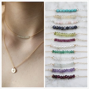 Double layered aquamarine bar initial disc necklace,Birthstone choker,Personalized jewelry,custom initial disc,dot layering necklace