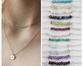 Double layered aquamarine bar initial disc necklace,Birthstone choker,Personalized jewelry,custom initial disc,dot layering necklace