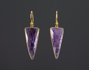 Large Triangle genuine amethyst earring,long purple quartz earring,February birth earring,Mother gift,blue dress earring,Anniversary gift