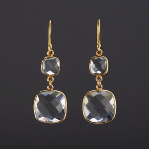 Pendientes grandes de cuarzo transparente de dos niveles, pendientes largos de cuarzo colgantes, cuarzo gota larga facetada, pendientes de cumpleaños, regalo de madre, pendientes de hermana