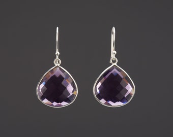 Large pear amethyst earring,long dangle purple quartz earrings,framed faceted amethyst,February birthday gift,Mother gift,Anniversary gift