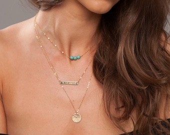 Set of three,Turquoise bar,Gemstone bar,GPS bar necklace,Personalized Layering Necklace Set,Engraved bar.Coordinate necklace,location
