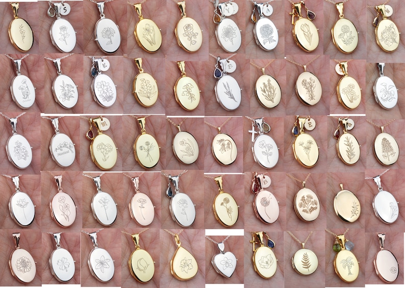 May include: A collection of oval-shaped silver and gold locket pendants with engraved floral designs. Each locket has a small loop at the top for attaching a chain.