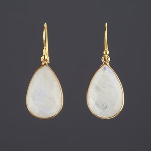 Gold rainbow moonstone dangle earrings,Large gemstone earrings,Large faced moonstone earrings,June birthstone birthday earrings