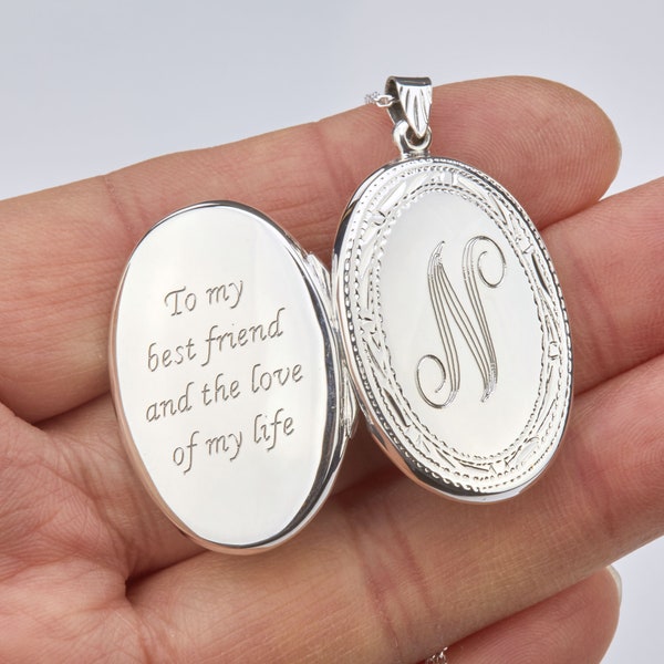 Large engraved oval sterling silver locket with photo,etched decorative border,Memorial locket gift,family loss locket,anniversary gift