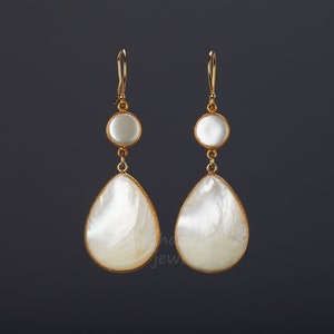 Large mother of pearl dangle earrings,Two gemstone earring,teardrop earring,long mother of pearl in gold earring,birthday gift,mother gift