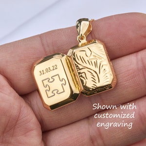 Engraved gold vermeil box locket,Personalized rectangle photo Locket,etched floral front,remembrance gift,Memory locket,anniversary gift image 6