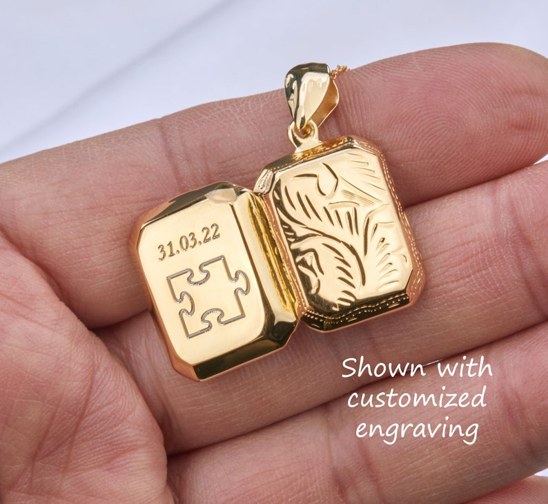Engraved gold vermeil box locket,Personalized rectangle photo Locket,etched floral front,remembrance gift,Memory locket,anniversary gift image 6