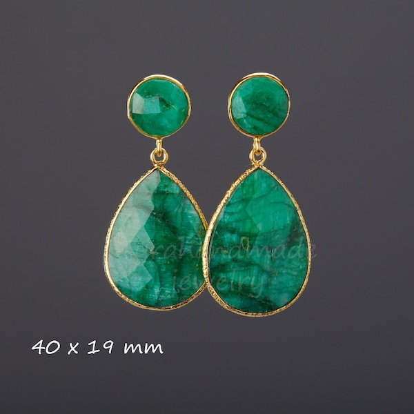 Large emerald earrings,Two gemstone earring,teardrop earrings,Large faceted emerald earring,birthday gift,mother gift,custom note card