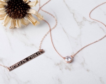 Rose gold engraving layered Tiny dot Bar necklace,Bar Monogram Necklace,GPS bar necklace,Coordinate bar necklace, name,date bar necklace