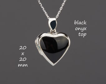 Schwarze Onyx verkleidet Sterling Silber Herz Medaillon mit Foto, benutzerdefinierte Gravur Andenken Medaillon, Erinnerungs Medaillon, maßgeschneiderte Hochzeit Medaillon Geschenk