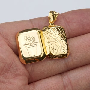 Engraved gold vermeil box locket,Personalized rectangle photo Locket,etched floral front,remembrance gift,Memory locket,anniversary gift image 8