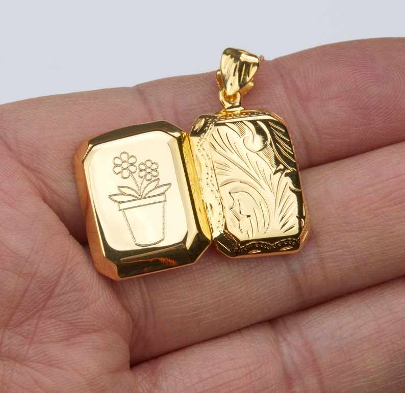 Engraved gold vermeil box locket,Personalized rectangle photo Locket,etched floral front,remembrance gift,Memory locket,anniversary gift image 8