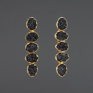 Long dangle black quartz druzy stick earring,five tier black quartz druzy earring,wrapped quartz druzy
