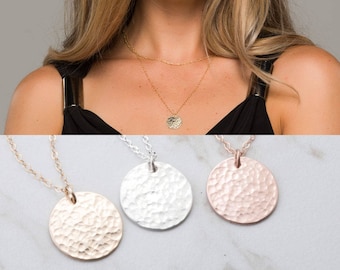 Long Layered hammered karma disc 14k Gold necklace,Hammered disc necklace, Gold Large round tag .Delicate everyday necklace
