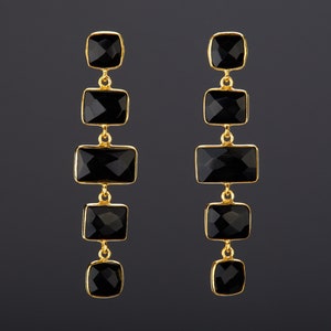 Zwarte onyx-oorbellen met vijf niveaus, lang bengelend zwart onyx vierkant stenen koord, zwarte onyx-ketting, verjaardagscadeau, moedercadeau, zwarte jurkoorbel