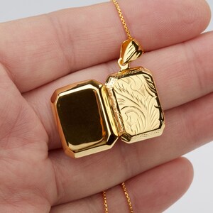 Engraved gold vermeil box locket,Personalized rectangle photo Locket,etched floral front,remembrance gift,Memory locket,anniversary gift image 5