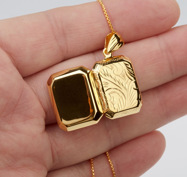 Engraved gold vermeil box locket,Personalized rectangle photo Locket,etched floral front,remembrance gift,Memory locket,anniversary gift image 5