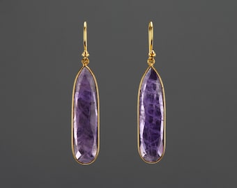 Long teardrop genuine amethyst earring,natural purple quartz earring,February birth earring,blue dress earring,mother gift,anniversary gift