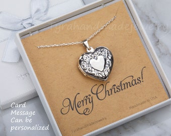 Sterling silver heart photo locket,Antique Victorian heart locket,vine border,memorial necklace,Valentine girlfriend gift,custom note card