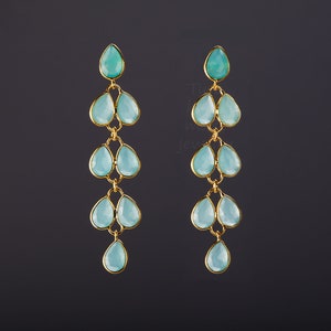 Boucle d’oreille chalcedony de mousse de mer de cinq niveaux, chalcedony de mousse de mer de long, corde de feuillet de chalcedony, branche de willow, cadeau de mère, cadeau d’anniversaire, cadeau d’anniversaire