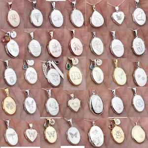 May include: A collection of oval-shaped pendant necklaces in silver and gold tones. Each pendant features an engraved design, including animals, insects, and other motifs. The necklaces are displayed on a light background.