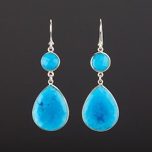 Grandi orecchini turchesi a due livelli, orecchini con due pietre preziose, orecchini a goccia, orecchini turchesi sfaccettati, regalo di compleanno, regalo per la mamma, biglietto di auguri personalizzato