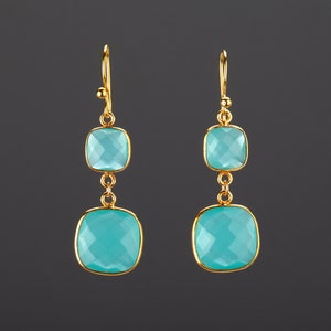 Pendientes de calcedonia de agua cuadrada de dos niveles, pendientes de calcedonia de columpio largo colgante, pendiente de piedra cuadrada, pendiente de vestido azul, regalo de cumpleaños