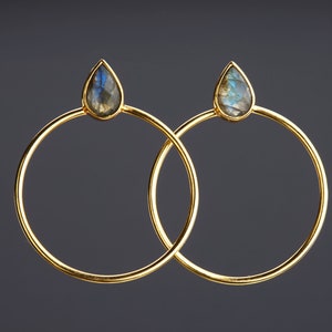 Large gold tone hoop earrings with labradorite top post,waterdrop labradorite earring,large gold circle earrings,birthday earring gift