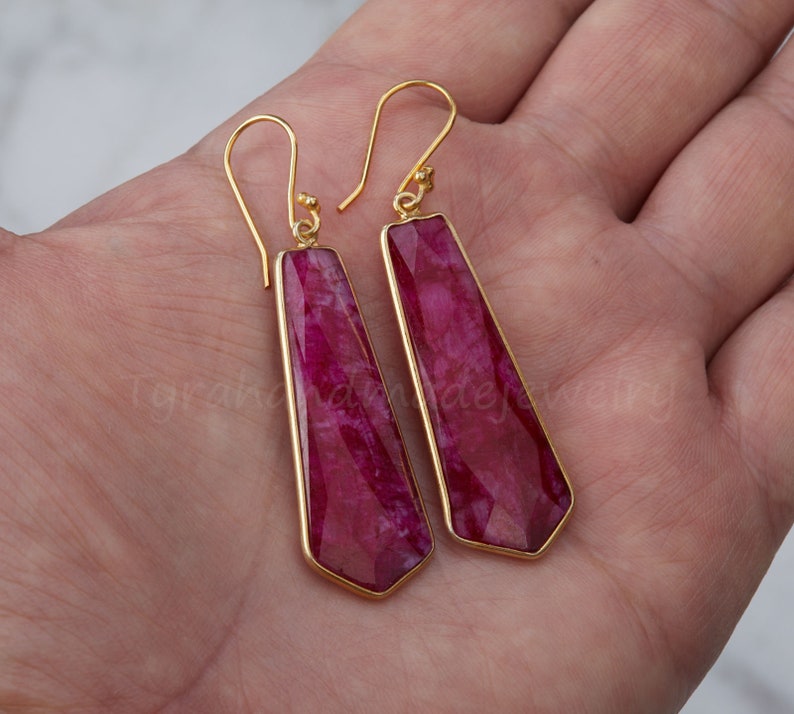 Long Ruby earring,large deep red ruby earring,Large faceted ruby earring,dangle tie shape earring,birthday gift,mother gift,custom note card image 2