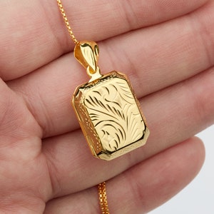 Engraved gold vermeil box locket,Personalized rectangle photo Locket,etched floral front,remembrance gift,Memory locket,anniversary gift image 3