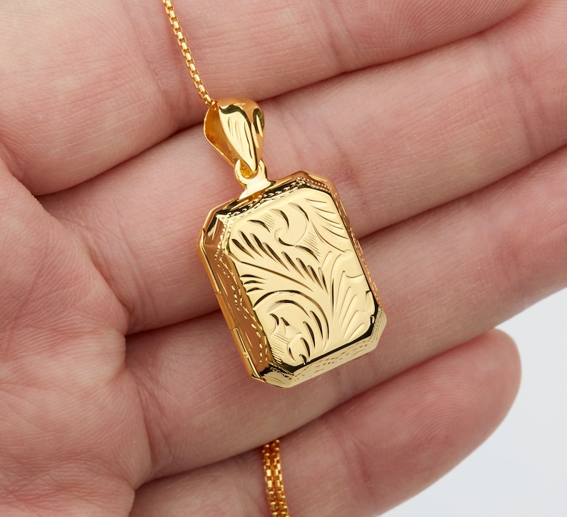 Engraved gold vermeil box locket,Personalized rectangle photo Locket,etched floral front,remembrance gift,Memory locket,anniversary gift image 3