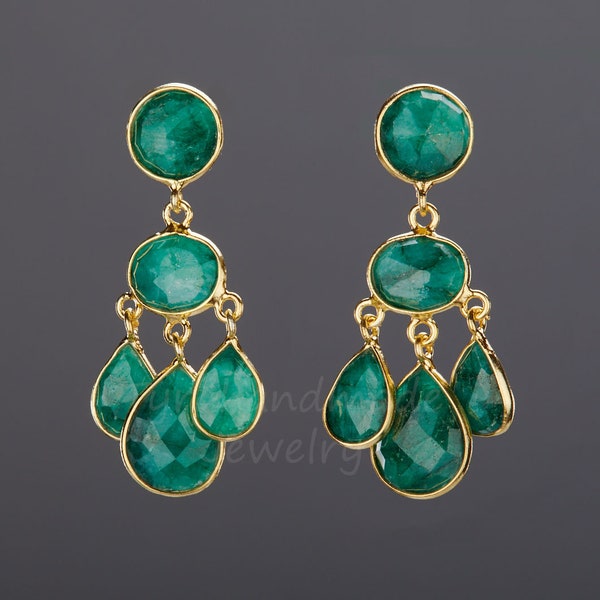 three tier emerald chandelier earring,layered emerald dangle earring,drop swing emerald,May birthday gift,mother's day gift,anniversary gift