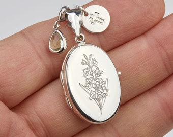 Collier médaillon fleur de naissance gravé avec photo, argent sterling, médaillon souvenir personnalisé, initiale de pierre de naissance, médaillon commémoratif, médaillon de mariage