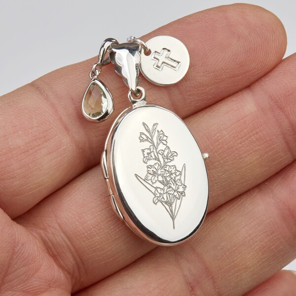 Engraved birth flower locket necklace with photo,sterling silver,custom keepsake locket,birthstone initial,Memorial locket,wedding locket