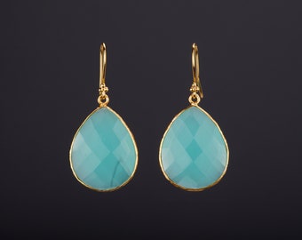 Brinco grande de calcedônia azul-turquesa, brinco de pedra preciosa, engaste em formato de pera, calcedônia facetada, presente de aniversário, brinco de casamento, presente para mãe