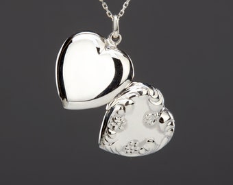 Sterling silver heart photo locket,Antique Victorian heart locket with stamped floral border,memorial necklace,Valentine girlfriend gift