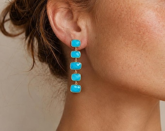 Long Turquoise Earrings, Five-Tier Dangle Earrings, Square Turquoise Drop Earrings, Gold Bezel Gemstone Earrings, Statement Jewelry